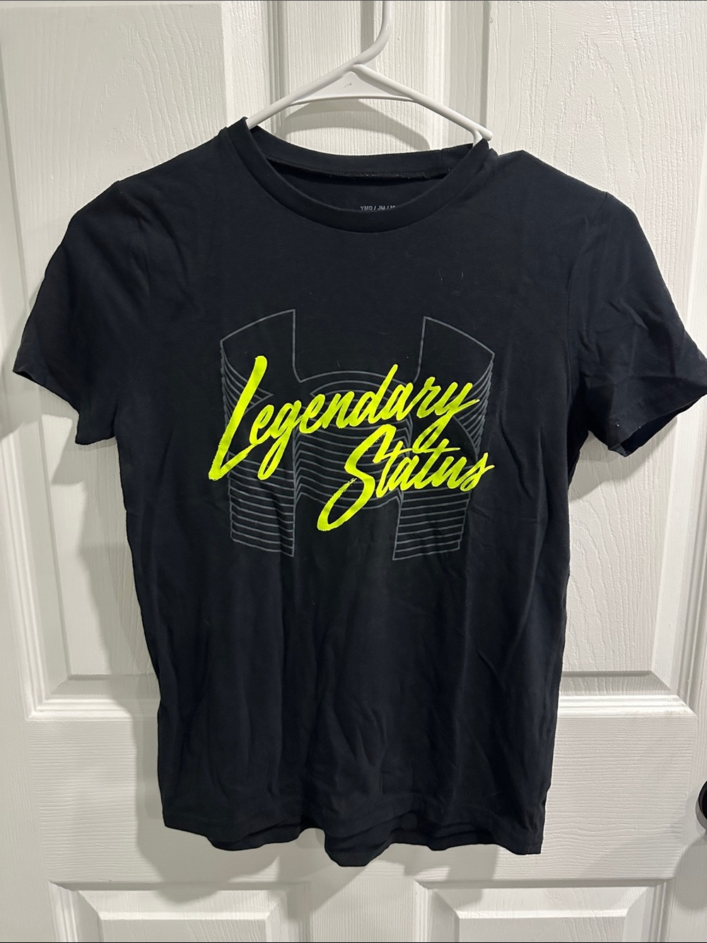 Under Armour Black Tee with Neon Yellow 'Legendary Status' Script Youth M